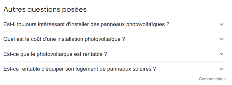 Questions proposées par Google Suggest sur les panneaux photovoltaïques