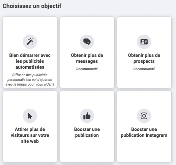 Liste des objectifs possibles sur Facebook