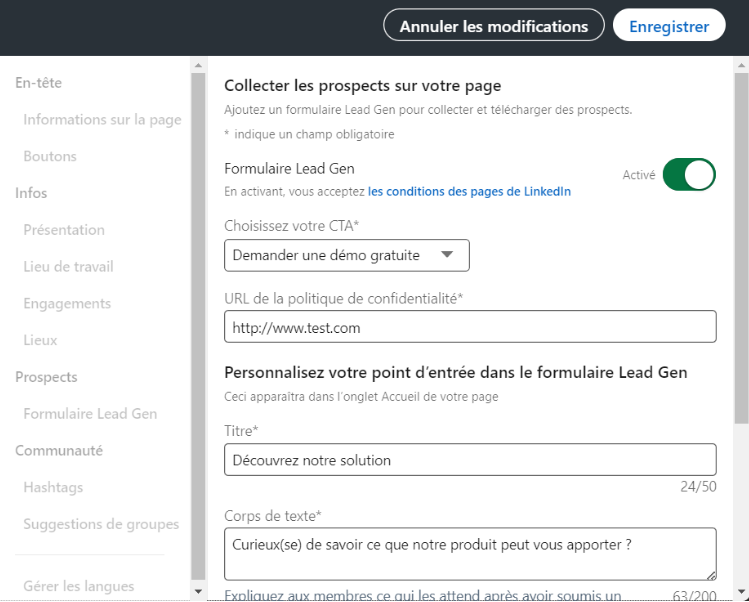 Illustration du formulaire de génération de leads sur LinkedIn