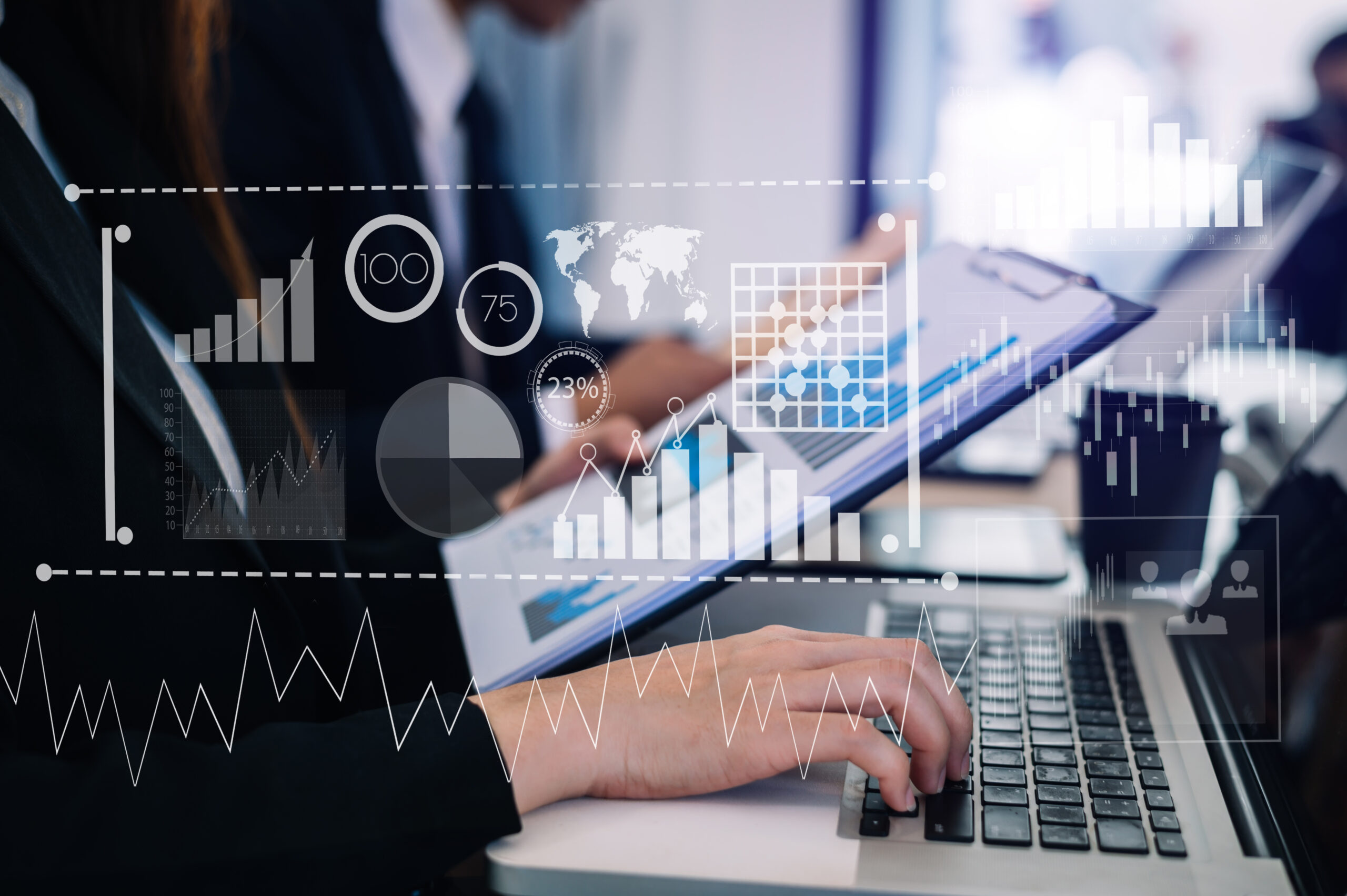 Two stock traiders making analysis of digital market and investment in block chain crypto currency. Stock trade concept